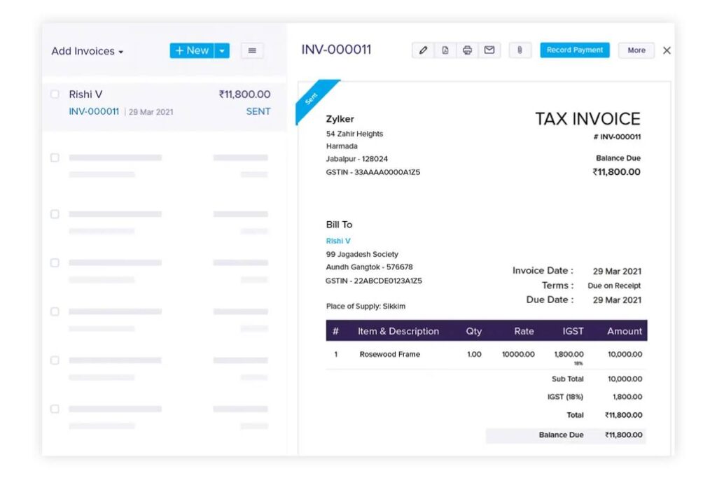 A tax invoice for Rishi V listing a rosewood frame purchase, showing totals, GST details, and payment due of ₹11,800.00.