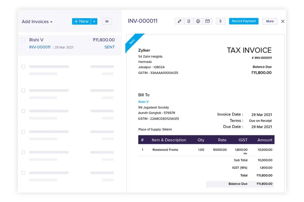 A tax invoice for Rishi V listing a rosewood frame purchase, showing totals, GST details, and payment due of ₹11,800.00.