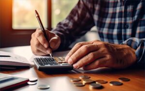 A person calculates finances with a calculator, writing notes, surrounded by coins and paperwork, in a warm, natural light setting.