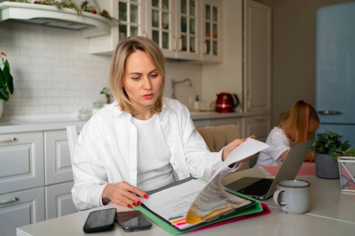 A woman with blonde hair reviews documents at a kitchen table with a laptop, coffee mug, and colorful folders, while a child is partially visible nearby.